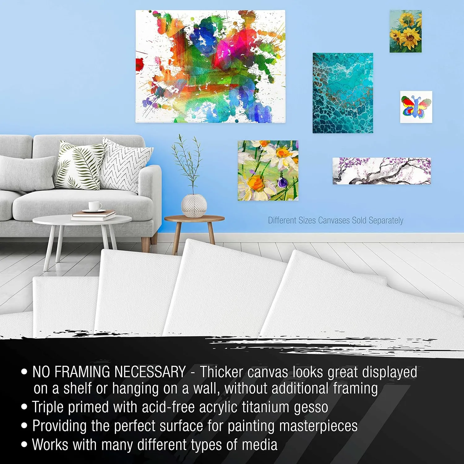 U.S. Art Supply Large Stretched Canvas for Painting 20x20 inch Gallery Depth 1-1/2" Thick, 3-Pack - 12oz Acrylic Gesso Triple Primed, Professional Artist Quality, 100% Cotton - Oil, Pouring Paint