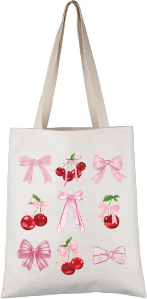 VAMSII Cherries Lover Gift Coquette Cherries Tote Bag Pink Ribbon Bow Handbag Cherries Aesthetic Gift