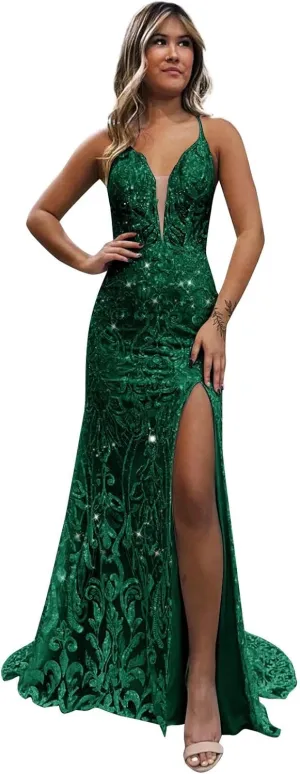 VCCICANY Sparkly Sequin Mermaid Prom Dresses for Women V Neck Lace Backless Long Evening Gown Formal Dresses with Slit