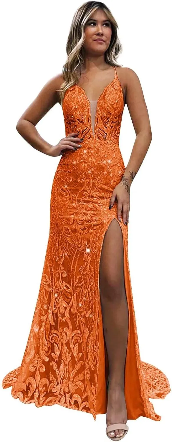 VCCICANY Sparkly Sequin Mermaid Prom Dresses for Women V Neck Lace Backless Long Evening Gown Formal Dresses with Slit