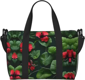 Vegetation Leaves with Hibiscus Flowers Print Tote Crossbody Travel Bag with Zip Casual Handbag for Weekend Trips and Gym Shopping, Black, One Size, Travel Tote