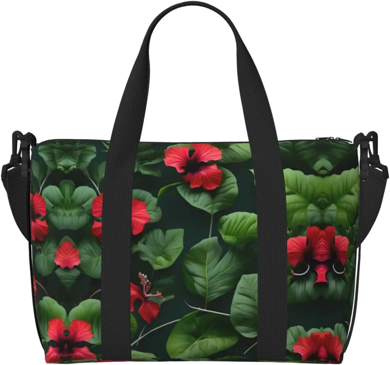 Vegetation Leaves with Hibiscus Flowers Print Tote Crossbody Travel Bag with Zip Casual Handbag for Weekend Trips and Gym Shopping, Black, One Size, Travel Tote