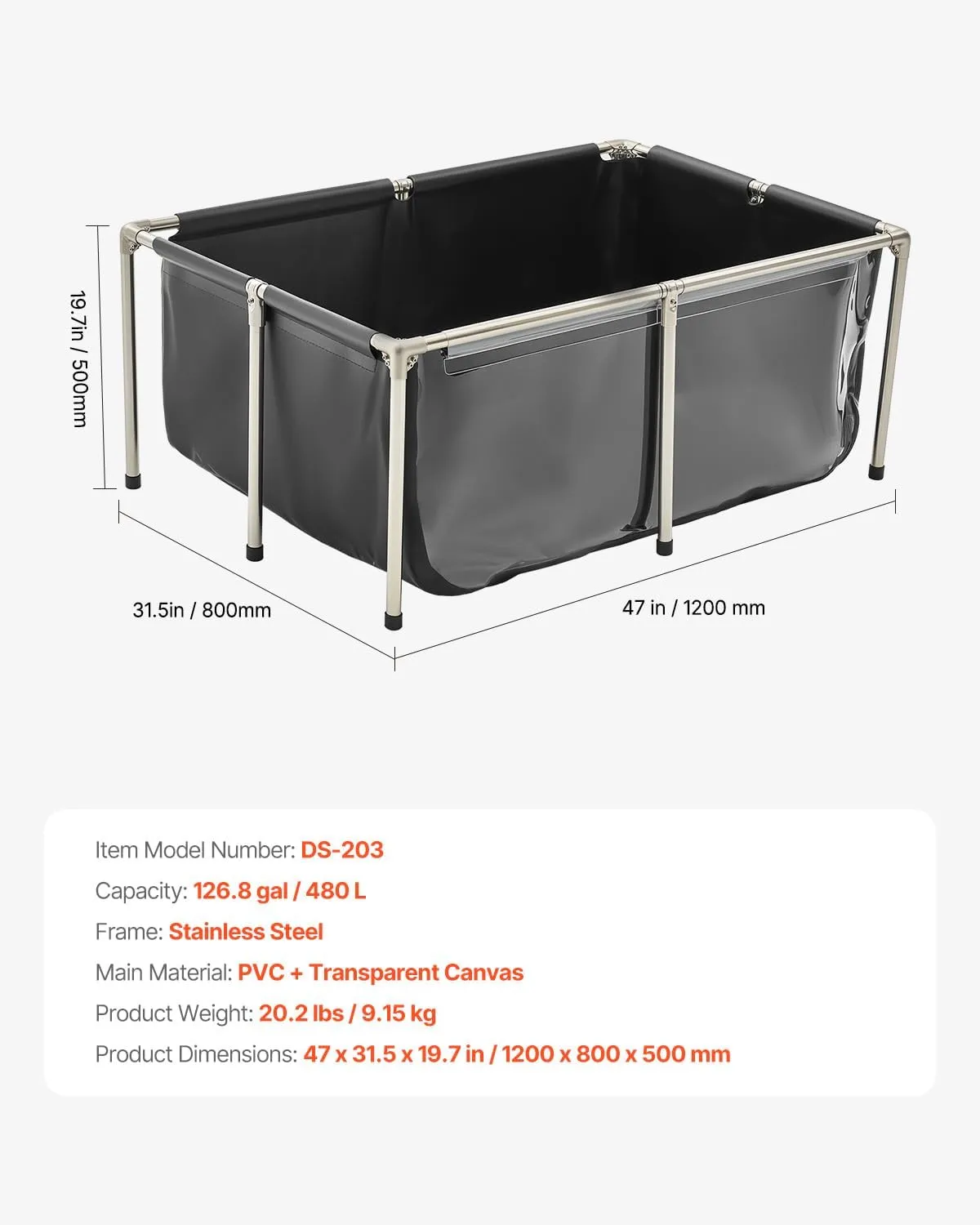 VEVOR KOI Aquarium Tank Above Ground Fish Pond, 127 Gallon Foldable Canvas Fish Pool Pond with Clear Viewing Panel, Outdoor/Indoor No Dig Turtle Goldfish Pond with 304SS Frame and Drain Valve