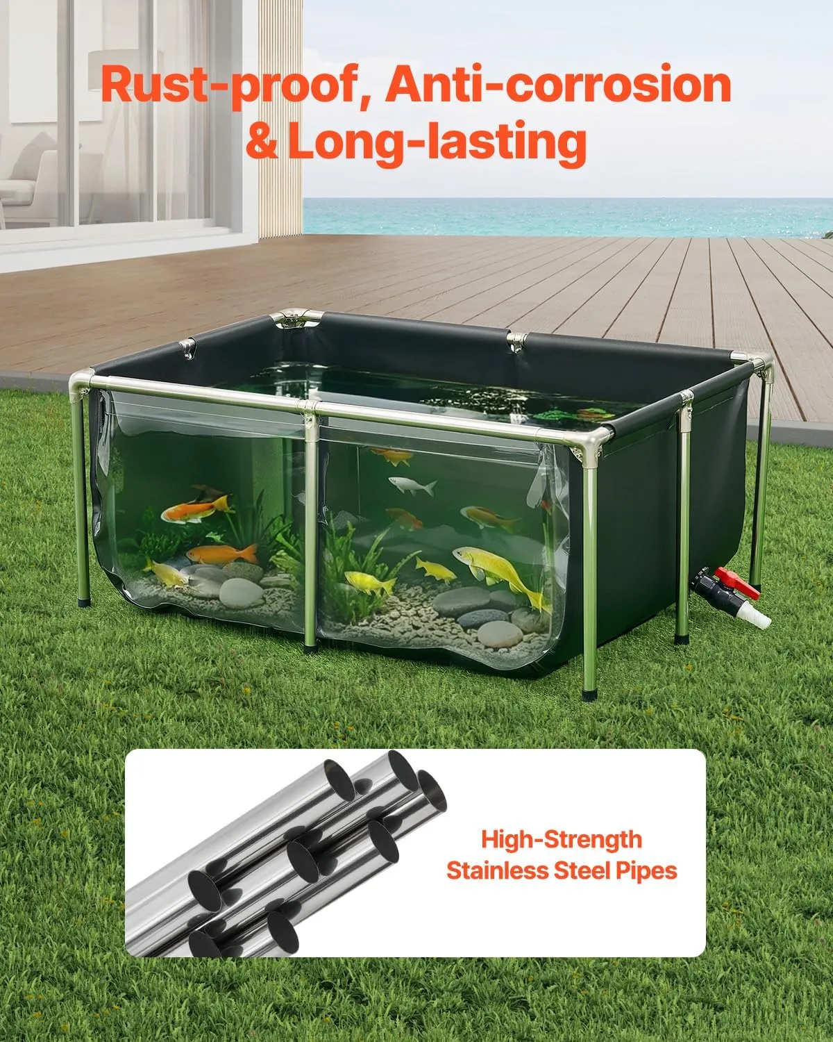 VEVOR KOI Aquarium Tank Above Ground Fish Pond, 127 Gallon Foldable Canvas Fish Pool Pond with Clear Viewing Panel, Outdoor/Indoor No Dig Turtle Goldfish Pond with 304SS Frame and Drain Valve