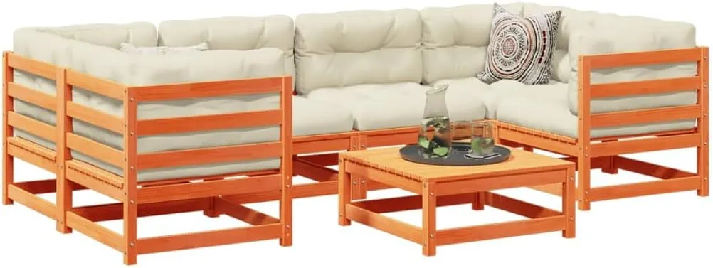 vidaXL Patio Sofa Set Outdoor 7 Piece - Wax Brown Pine Wood Furniture Set with Cushions for Garden, Terrace, Deck or Lounge Area - Comfortable and Modular Couch Arrangement