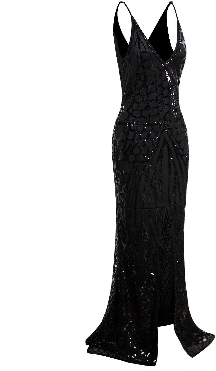 Vijiv 1920s Long Slit Prom Dresses Deep V Neck Sequin Mermaid Bridesmaid Evening Dress
