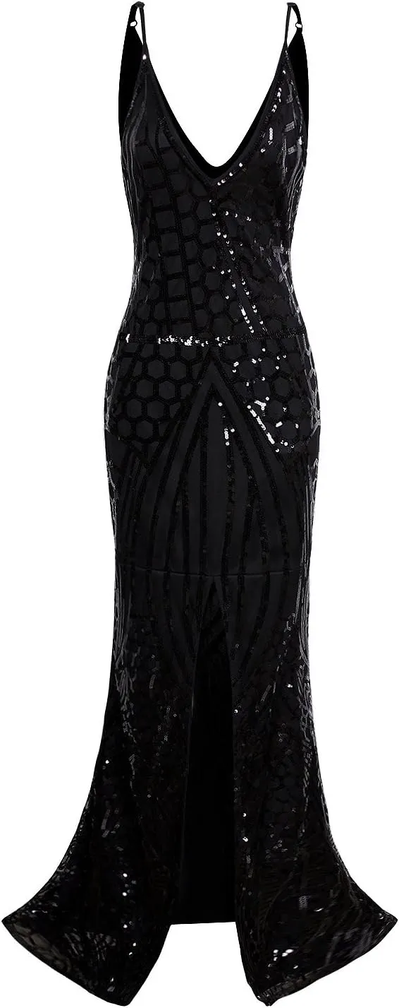Vijiv 1920s Long Slit Prom Dresses Deep V Neck Sequin Mermaid Bridesmaid Evening Dress