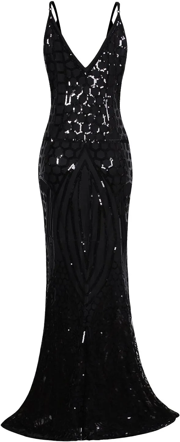 Vijiv 1920s Long Slit Prom Dresses Deep V Neck Sequin Mermaid Bridesmaid Evening Dress