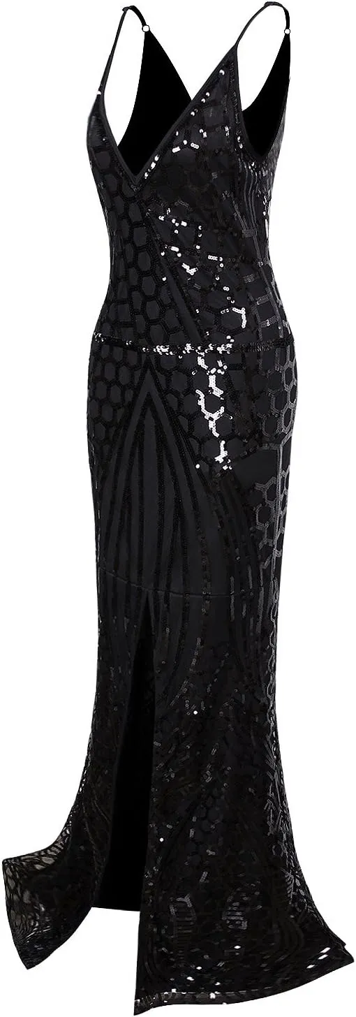 Vijiv 1920s Long Slit Prom Dresses Deep V Neck Sequin Mermaid Bridesmaid Evening Dress