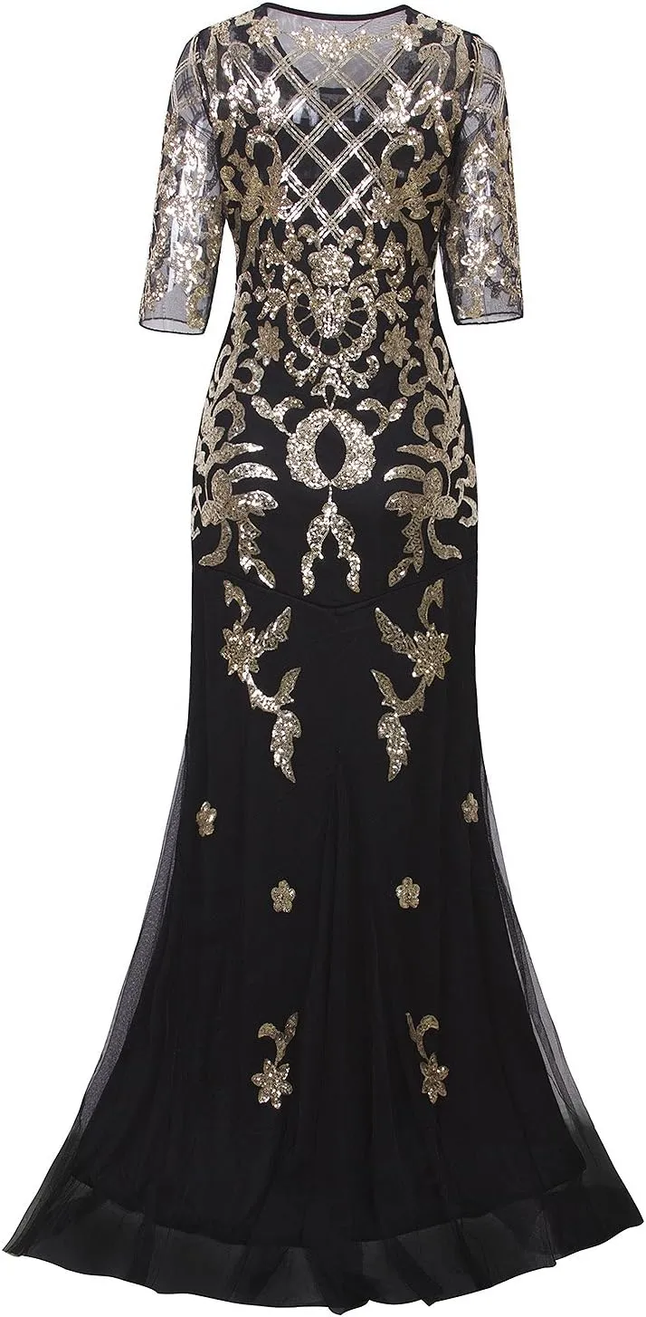 Vijiv Vintage 1920s Long Wedding Prom Dresses 2/3 Sleeve Sequin Party Evening Gown