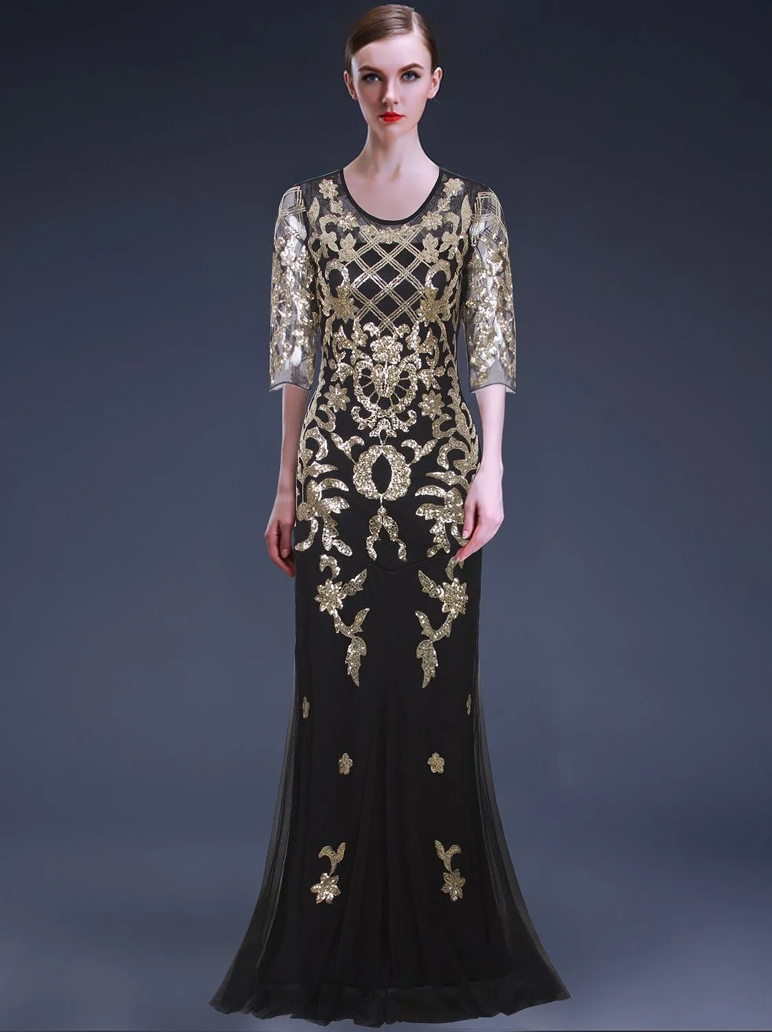 Vijiv Vintage 1920s Long Wedding Prom Dresses 2/3 Sleeve Sequin Party Evening Gown
