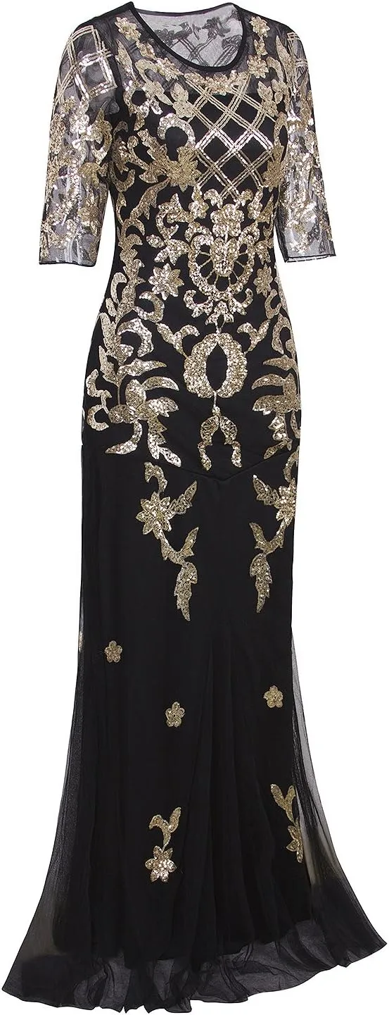 Vijiv Vintage 1920s Long Wedding Prom Dresses 2/3 Sleeve Sequin Party Evening Gown