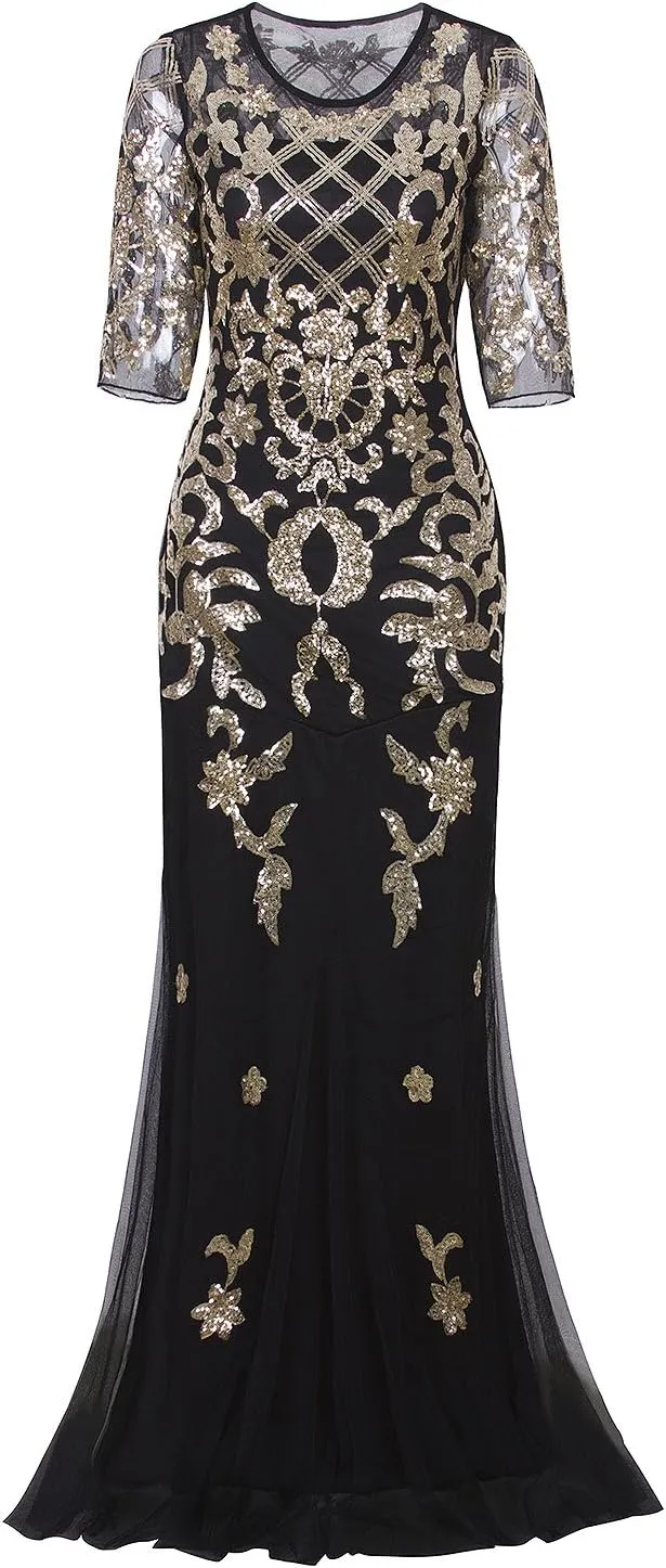 Vijiv Vintage 1920s Long Wedding Prom Dresses 2/3 Sleeve Sequin Party Evening Gown