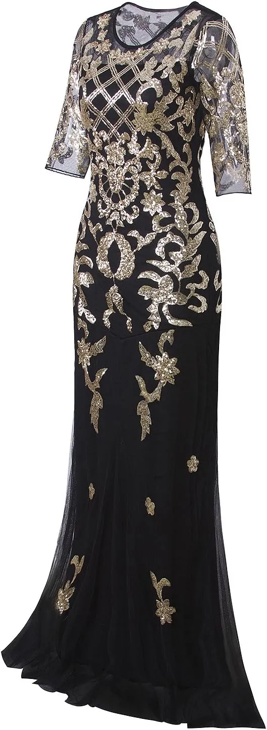 Vijiv Vintage 1920s Long Wedding Prom Dresses 2/3 Sleeve Sequin Party Evening Gown