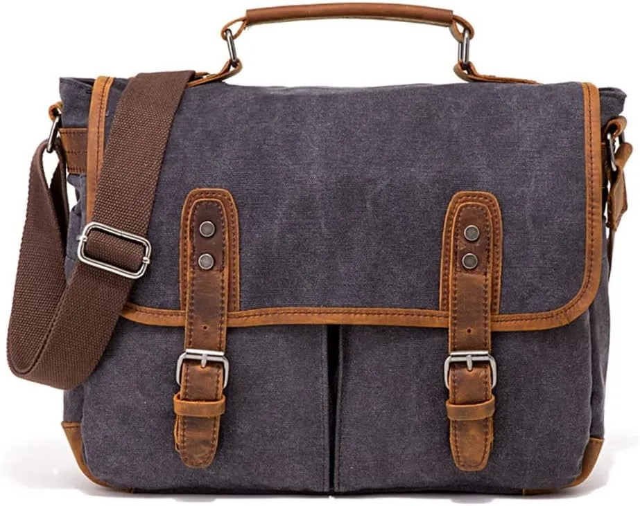 Vintage Canvas Bag Cowhide Briefcase European And American Shoulder Cross Body Handbag