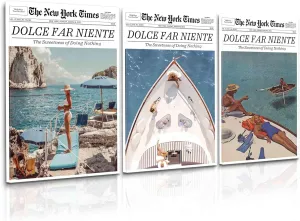 Vintage Fashion Yacht Poster Summer Sweet Life Wall Art Blue Beach Ocean Canvas Printing 70s Newspaper Printing Aesthetics Luxury Boot Art Italy La Dolce Vita Poster Teen Girls Dormitory Room Decoration 12x16x3 inches Unframed
