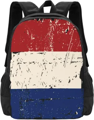Vintage Netherlands Holland Flag Casual Backpack Large Capacity Backpacks 15 Inch Laptop Back Pack Travel Rucksack Daypack Commuter Bags with Adjustable Strap for Camping