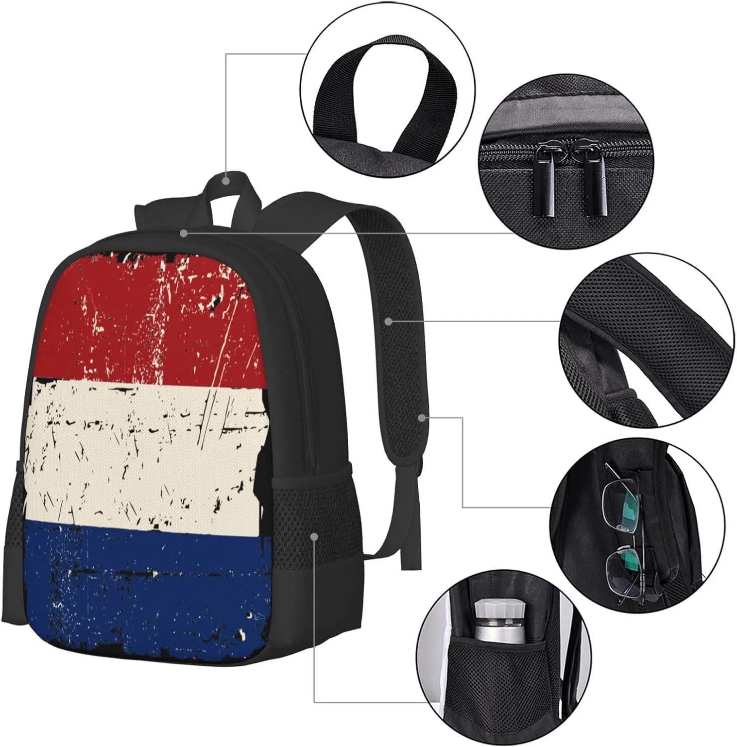 Vintage Netherlands Holland Flag Casual Backpack Large Capacity Backpacks 15 Inch Laptop Back Pack Travel Rucksack Daypack Commuter Bags with Adjustable Strap for Camping