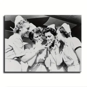 Vintage Poster Group of Four Female Army Nurses Smoking And Laughing Black And White Canvas Art Poster Wall Art Print Modern Unique Family Bedroom Living Room Decor (12x16inch Framed)