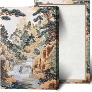 Vintage Stream and Trees Canvas Wall Art Eastern Asia Pine Forest And Mountain Streams Posters Prints For Home Bedroom Dorm Wall Decor 16x24in Wooden Frame