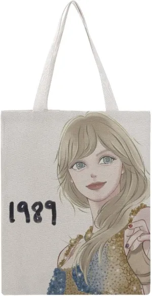 Vintage Style Tote Bag, Canvas, Illustrated Girl Portrait, 1989 Print