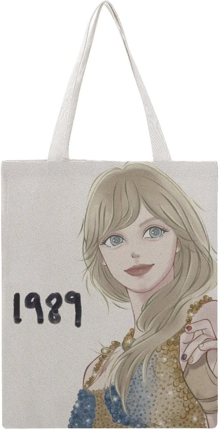 Vintage Style Tote Bag, Canvas, Illustrated Girl Portrait, 1989 Print