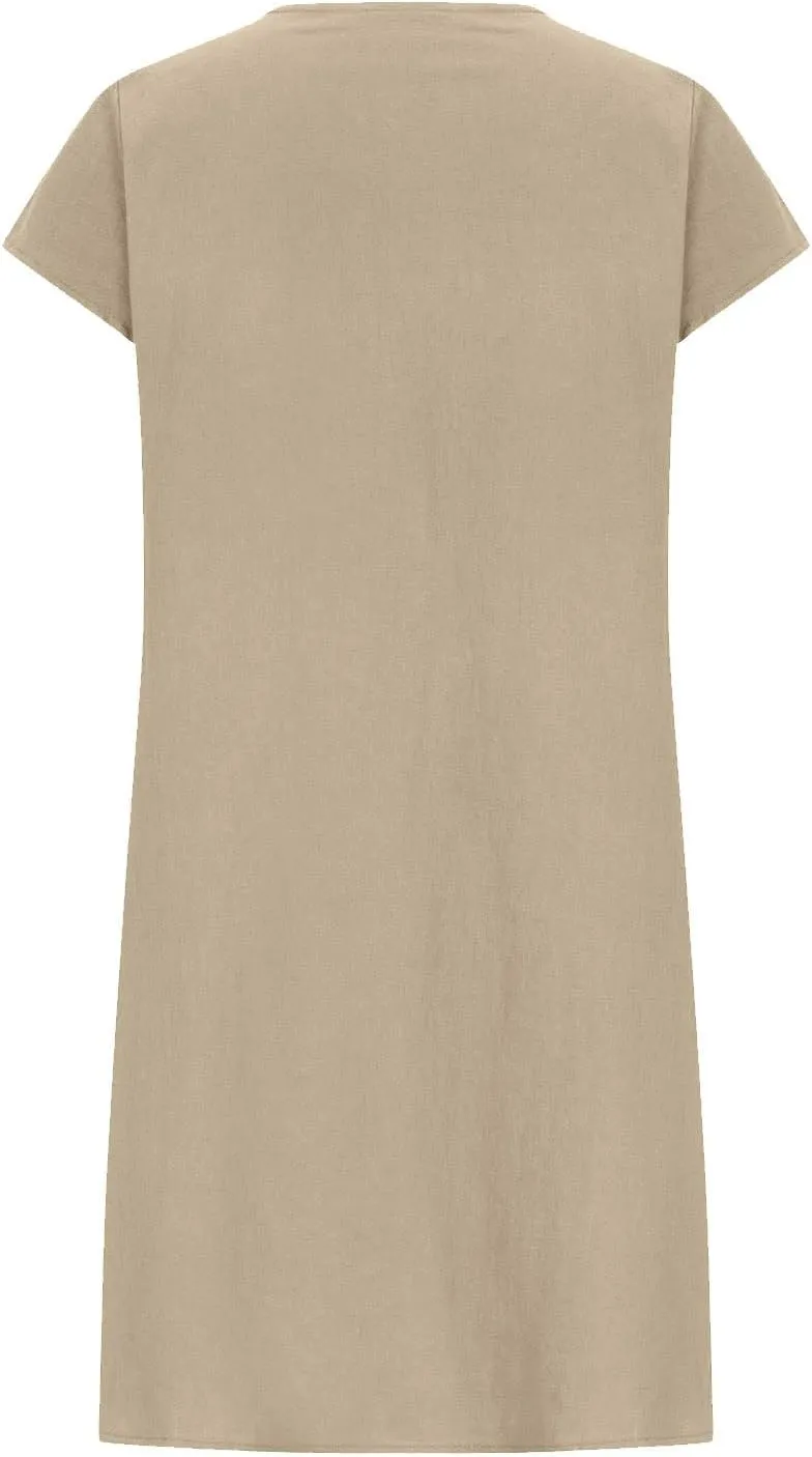 Vintage Summer Cotton Linen Dress for Women Casual Short Sleeve Ruched T Shirts Dress Loose Fit A-Line Beach Sundress