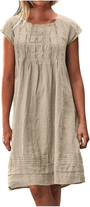 Vintage Summer Cotton Linen Dress for Women Casual Short Sleeve Ruched T Shirts Dress Loose Fit A-Line Beach Sundress