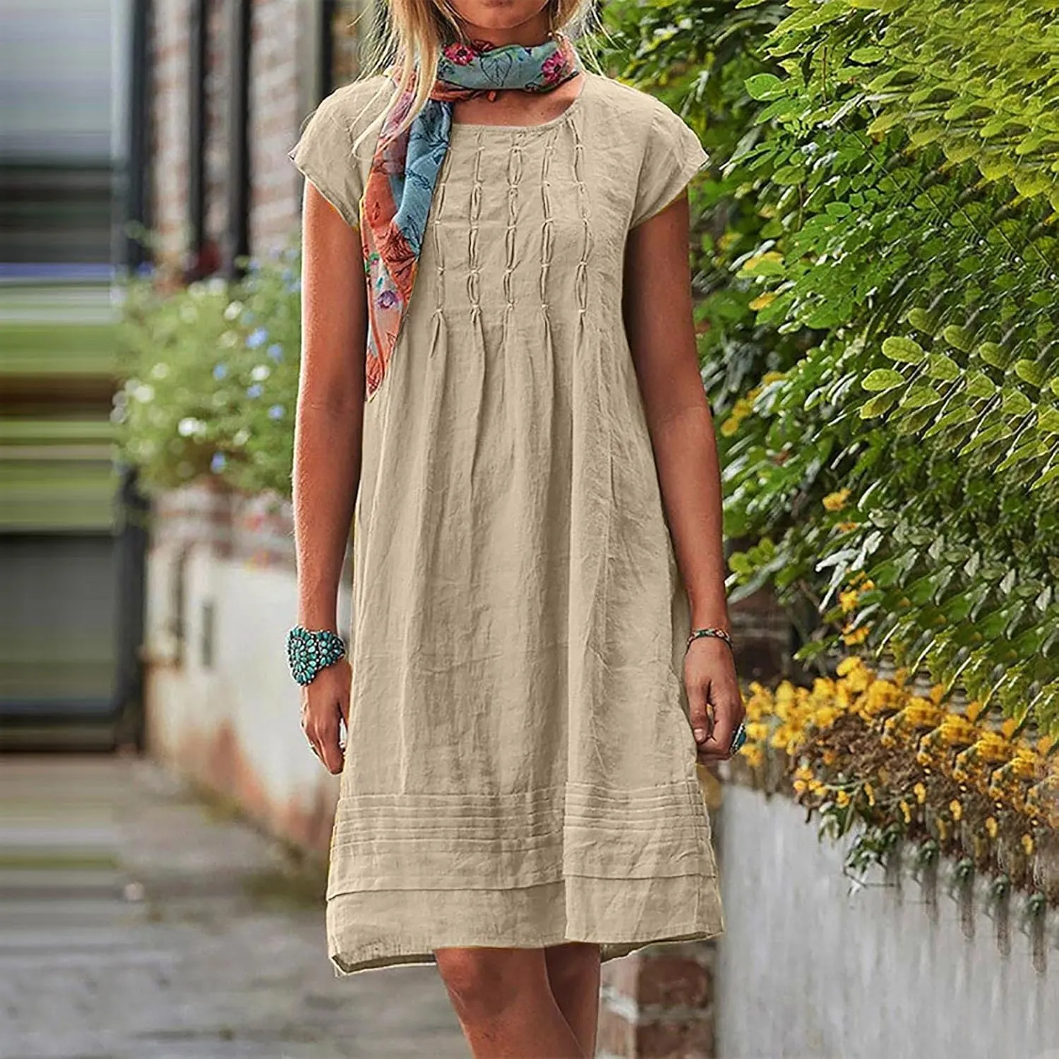Vintage Summer Cotton Linen Dress for Women Casual Short Sleeve Ruched T Shirts Dress Loose Fit A-Line Beach Sundress