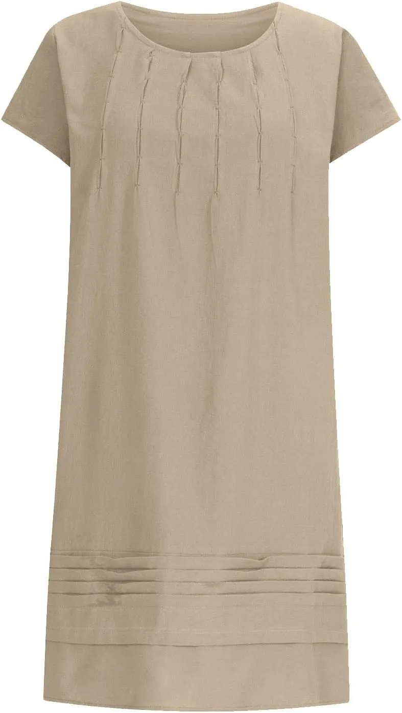 Vintage Summer Cotton Linen Dress for Women Casual Short Sleeve Ruched T Shirts Dress Loose Fit A-Line Beach Sundress