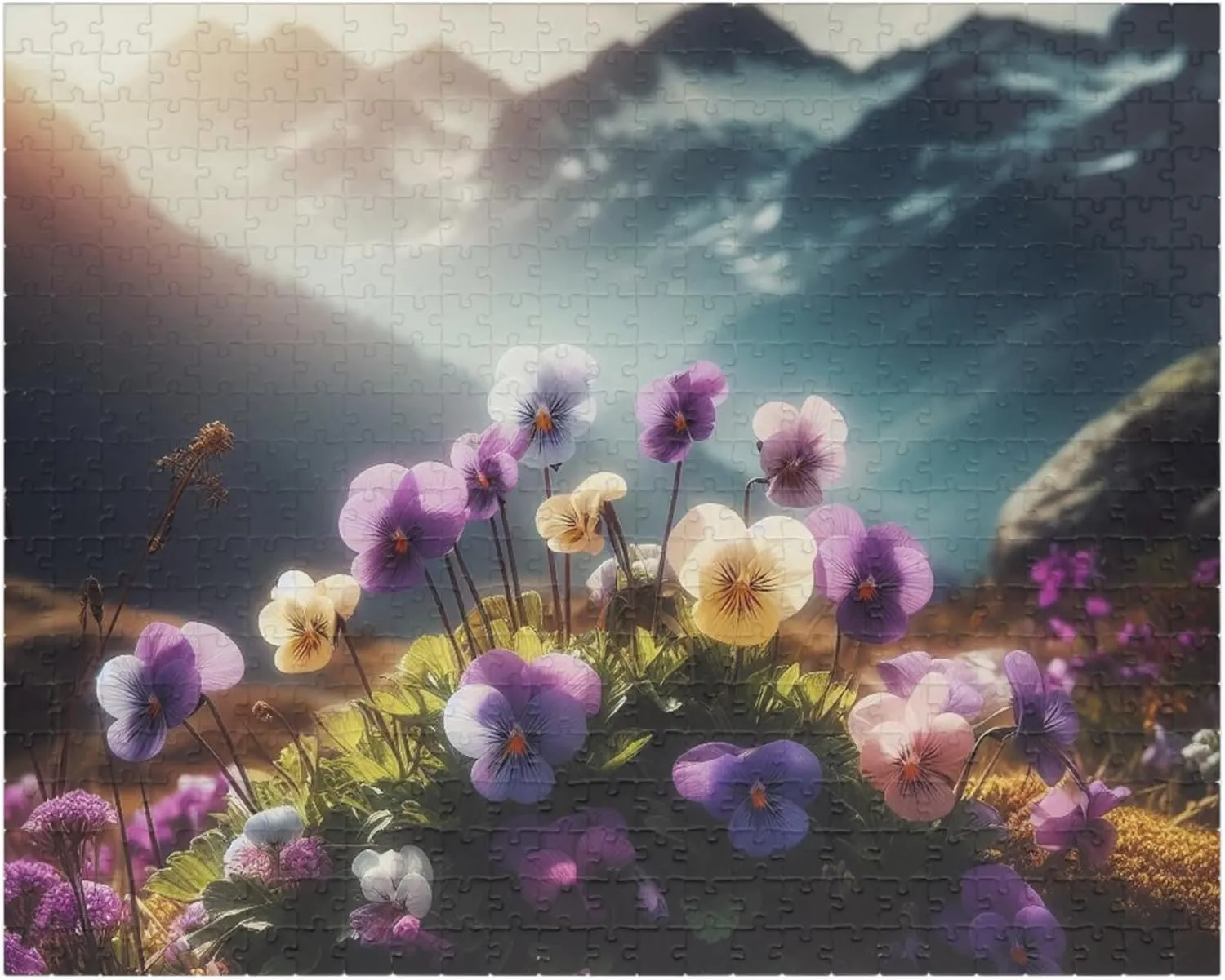 Violas Delicate and Colorful Growing in Alpine Meadows Jigsaw Puzzle - Made in USA