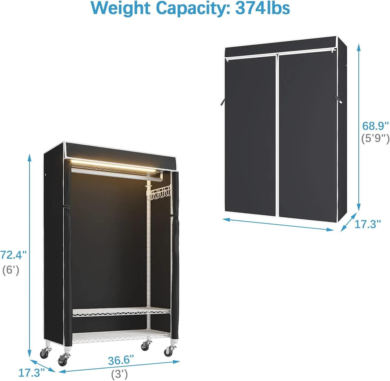 VIPEK R1LC Clothes Rack with Cover, Heavy Duty Garment Rack with Dimmable LED Lights, Rolling Portable Closet for Hanging Clothes Metal Clothing Rack with Wheels, White Rack with Black Cover