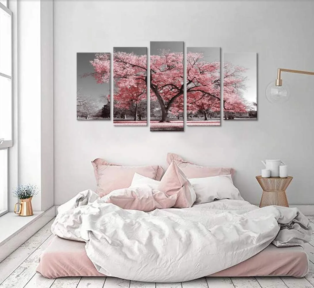 Visual Art Decor Large 5 Pieces Black and White Canvas Wall Art Pink Tree Landscape Picture Prints Framed and Stretched Painting Wall Decoration for Modern Living Room Office (5 Pieces)