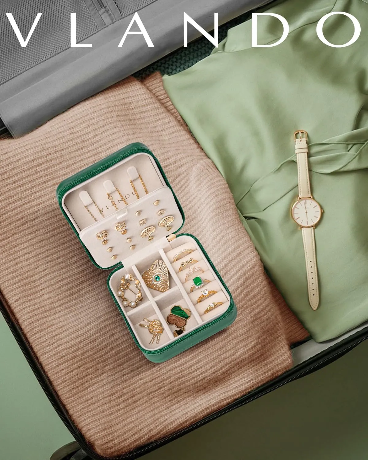 Vlando Travel Jewelry Box, Small Jewelry Travel Organizer Case for Girls Women -Dark Green Mirror*6 pack