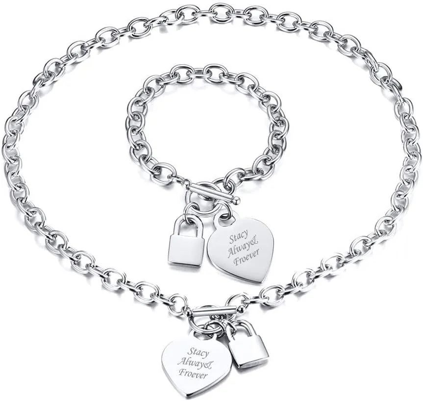 VNOX Personalized Initial Name Stainless Steel Trendy Cable Chain Bracelet Neckalce Set with Padlock Heart Charm and Toggle Clasp Closure
