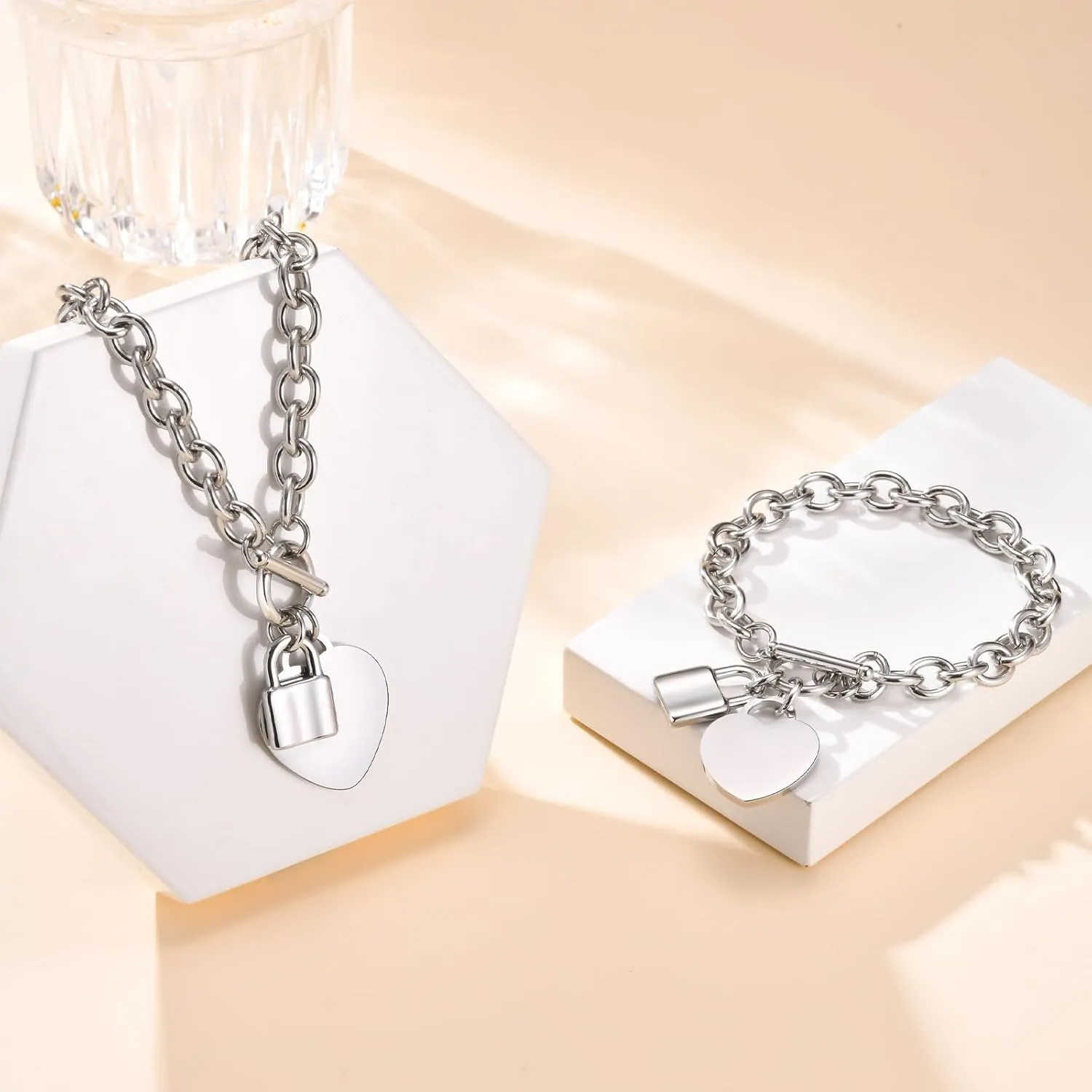 VNOX Personalized Initial Name Stainless Steel Trendy Cable Chain Bracelet Neckalce Set with Padlock Heart Charm and Toggle Clasp Closure