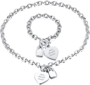 VNOX Personalized Initial Name Stainless Steel Trendy Cable Chain Bracelet Neckalce Set with Padlock Heart Charm and Toggle Clasp Closure