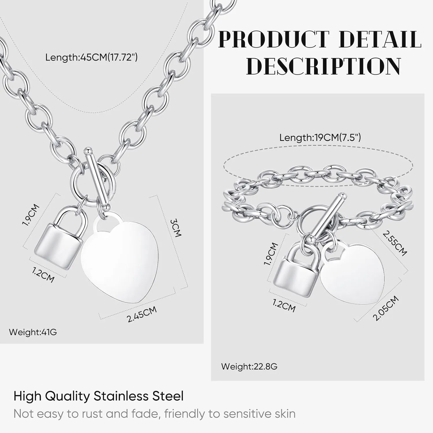 VNOX Personalized Initial Name Stainless Steel Trendy Cable Chain Bracelet Neckalce Set with Padlock Heart Charm and Toggle Clasp Closure