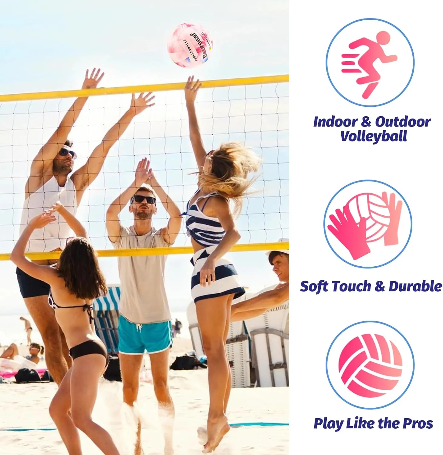 Volleyball, Soft Touch Beach Volleyball, Indoor Outdoor Volleyball for Beach Game Training, Official Size 5