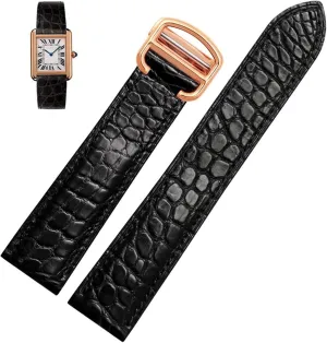 Watch Strap Suitable for Cartier Crocodile Leather Watch Strap Men Leather Tank Key London Calibo Watch Chain Women 20mm (Color : Black Rose Gold, Size : 18mm)