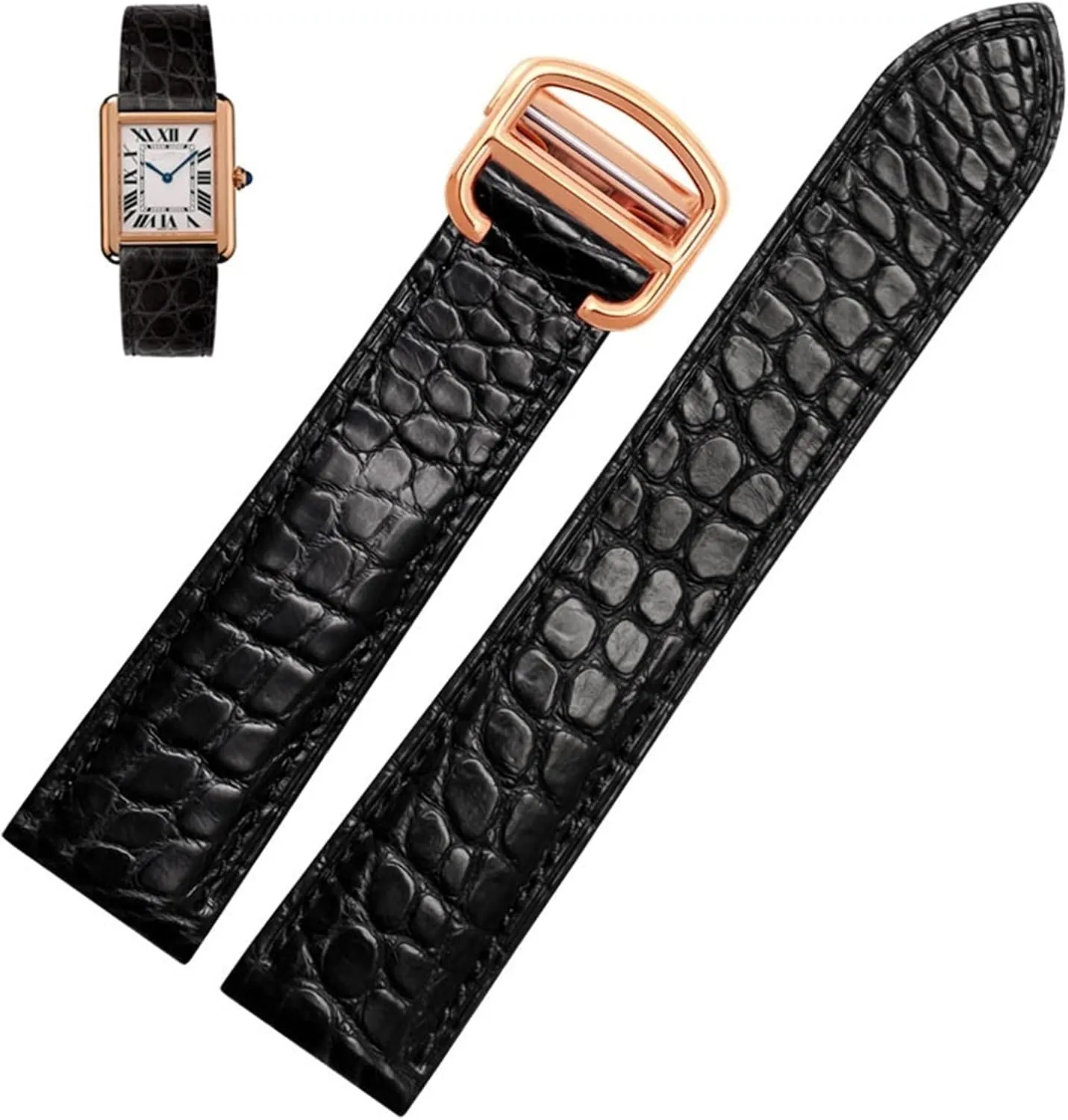 Watch Strap Suitable for Cartier Crocodile Leather Watch Strap Men Leather Tank Key London Calibo Watch Chain Women 20mm (Color : Black Rose Gold, Size : 18mm)