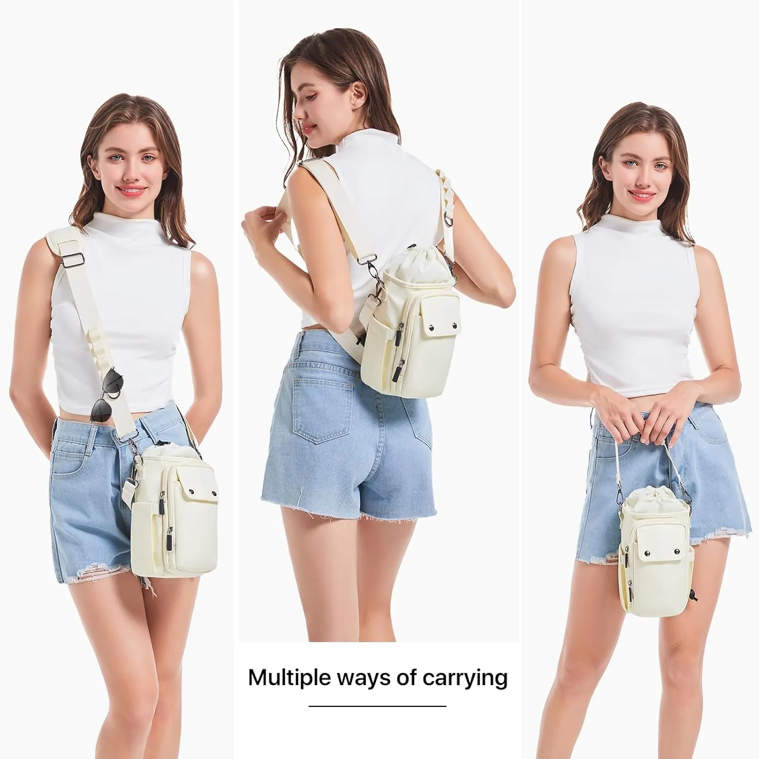 Water Bottle Holder with Strap 24 32 40oz Crossbody Insulated Water Bottle Carrier Sling Bag with Adjustable Wide Strap and Phone Purse 5 Pockets for Walking Hiking Gym Travel