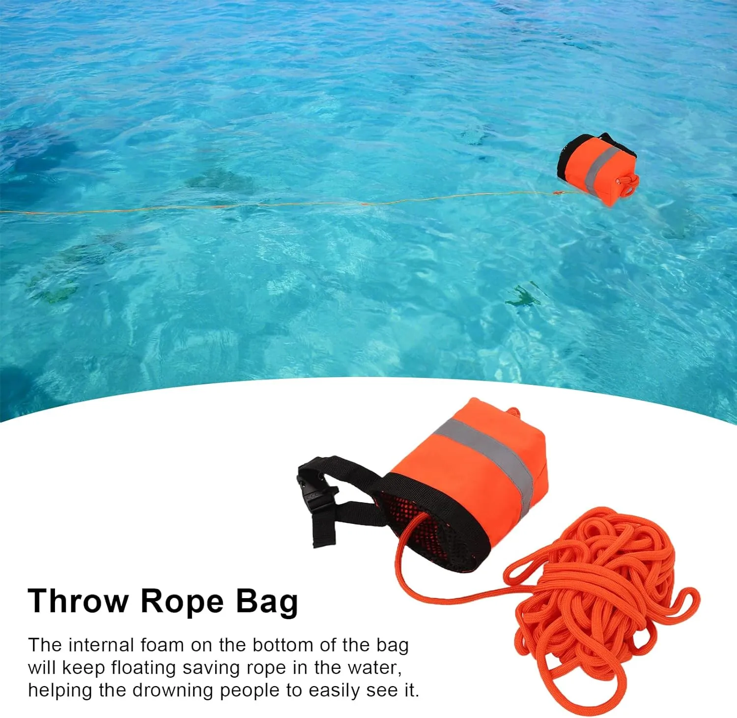 Water Floating Rope, Floating Rope Bag, Life Saving Reflective Rope, Suitable for Kayaking, Rafting and Other Sports (15M)