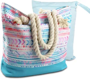 Water Resistant Beach Bag - Boho Canvas Beach Tote with Rope Handles and Wetbag/Drybag - Extra-Large Capacity for Travel