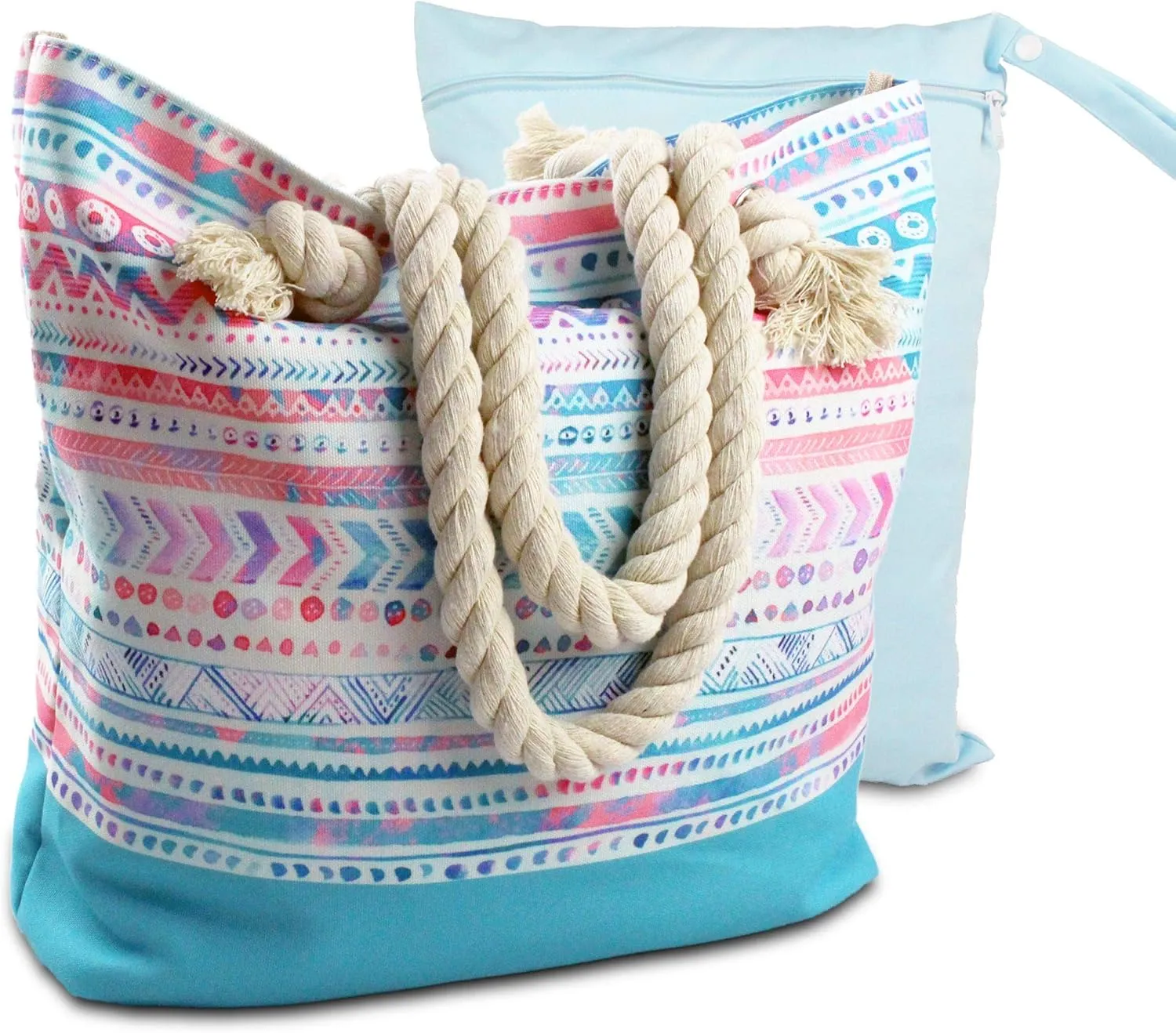 Water Resistant Beach Bag - Boho Canvas Beach Tote with Rope Handles and Wetbag/Drybag - Extra-Large Capacity for Travel
