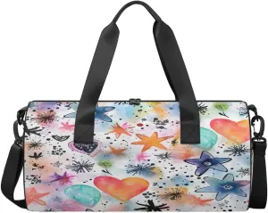 Watercolor Stars Hearts Sports Duffel Bag with Shoulder Strap, Large Capacity Gym Bag with Shoe Compartment, Water Resistant Travel Duffle Bag for Men Women Travel, Sports (17.6x9x9 Inch)