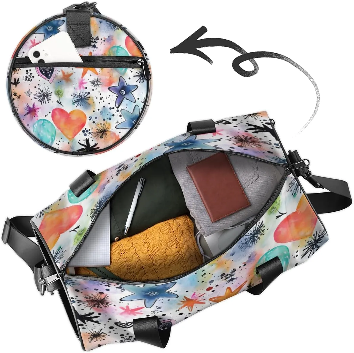 Watercolor Stars Hearts Sports Duffel Bag with Shoulder Strap, Large Capacity Gym Bag with Shoe Compartment, Water Resistant Travel Duffle Bag for Men Women Travel, Sports (17.6x9x9 Inch)