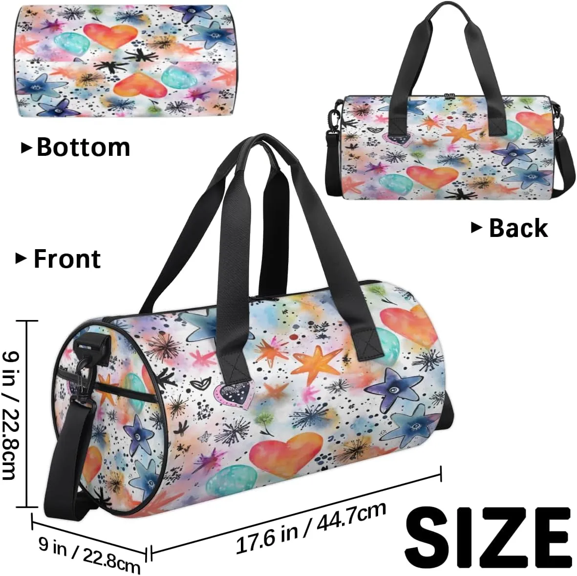 Watercolor Stars Hearts Sports Duffel Bag with Shoulder Strap, Large Capacity Gym Bag with Shoe Compartment, Water Resistant Travel Duffle Bag for Men Women Travel, Sports (17.6x9x9 Inch)
