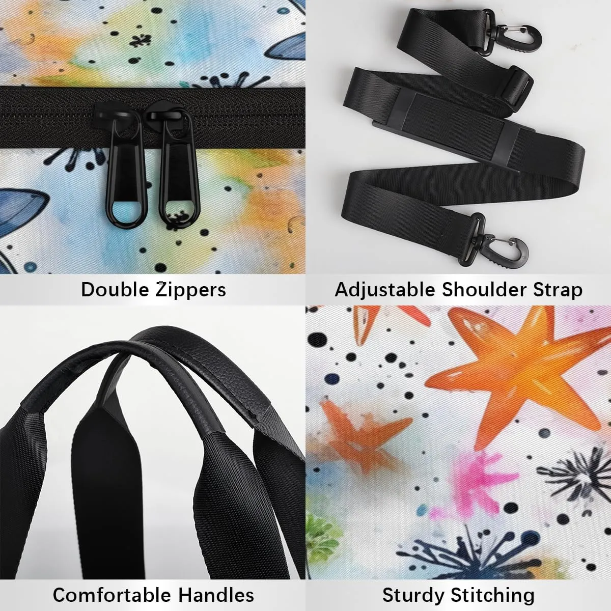 Watercolor Stars Hearts Sports Duffel Bag with Shoulder Strap, Large Capacity Gym Bag with Shoe Compartment, Water Resistant Travel Duffle Bag for Men Women Travel, Sports (17.6x9x9 Inch)