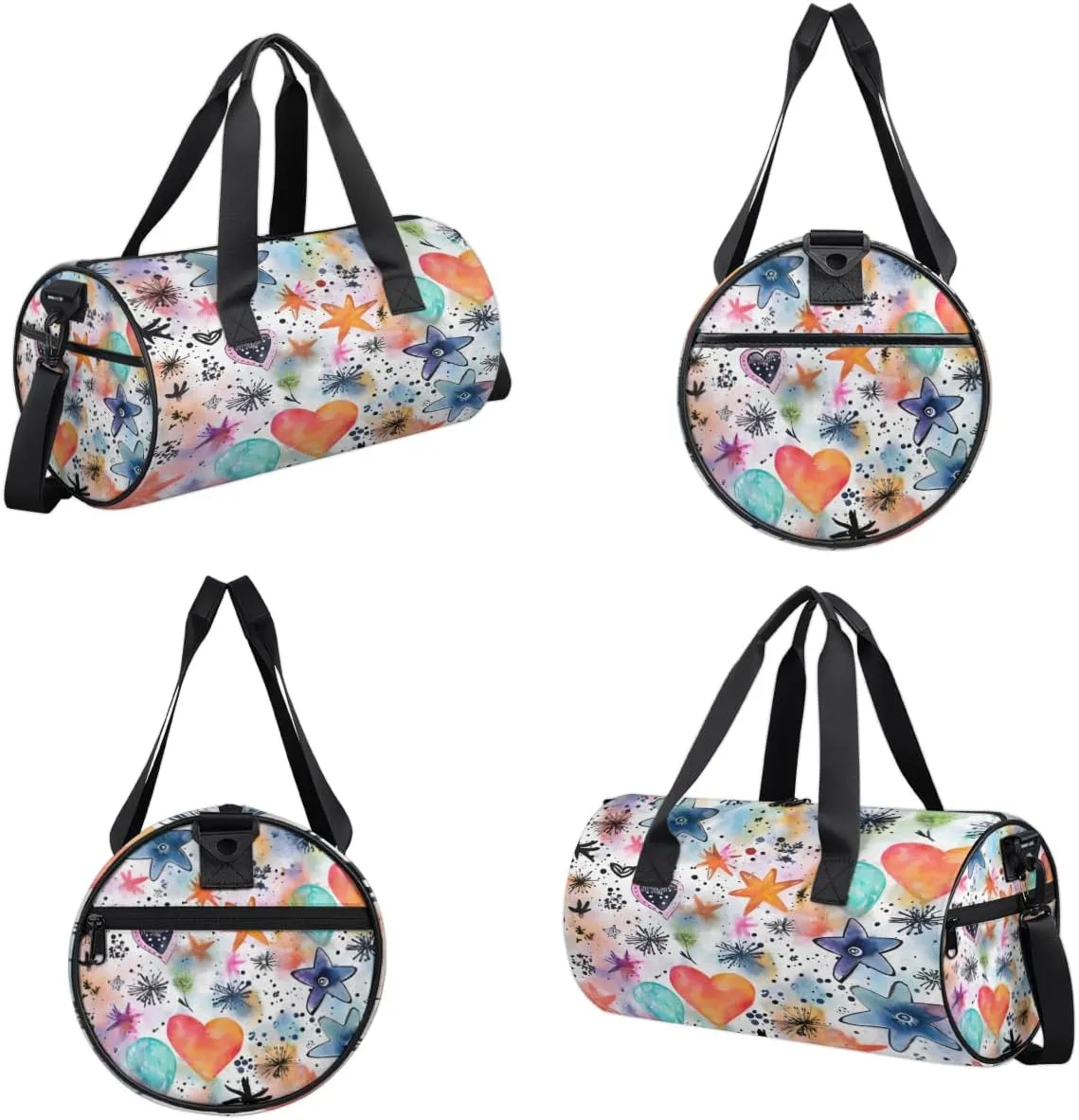 Watercolor Stars Hearts Sports Duffel Bag with Shoulder Strap, Large Capacity Gym Bag with Shoe Compartment, Water Resistant Travel Duffle Bag for Men Women Travel, Sports (17.6x9x9 Inch)